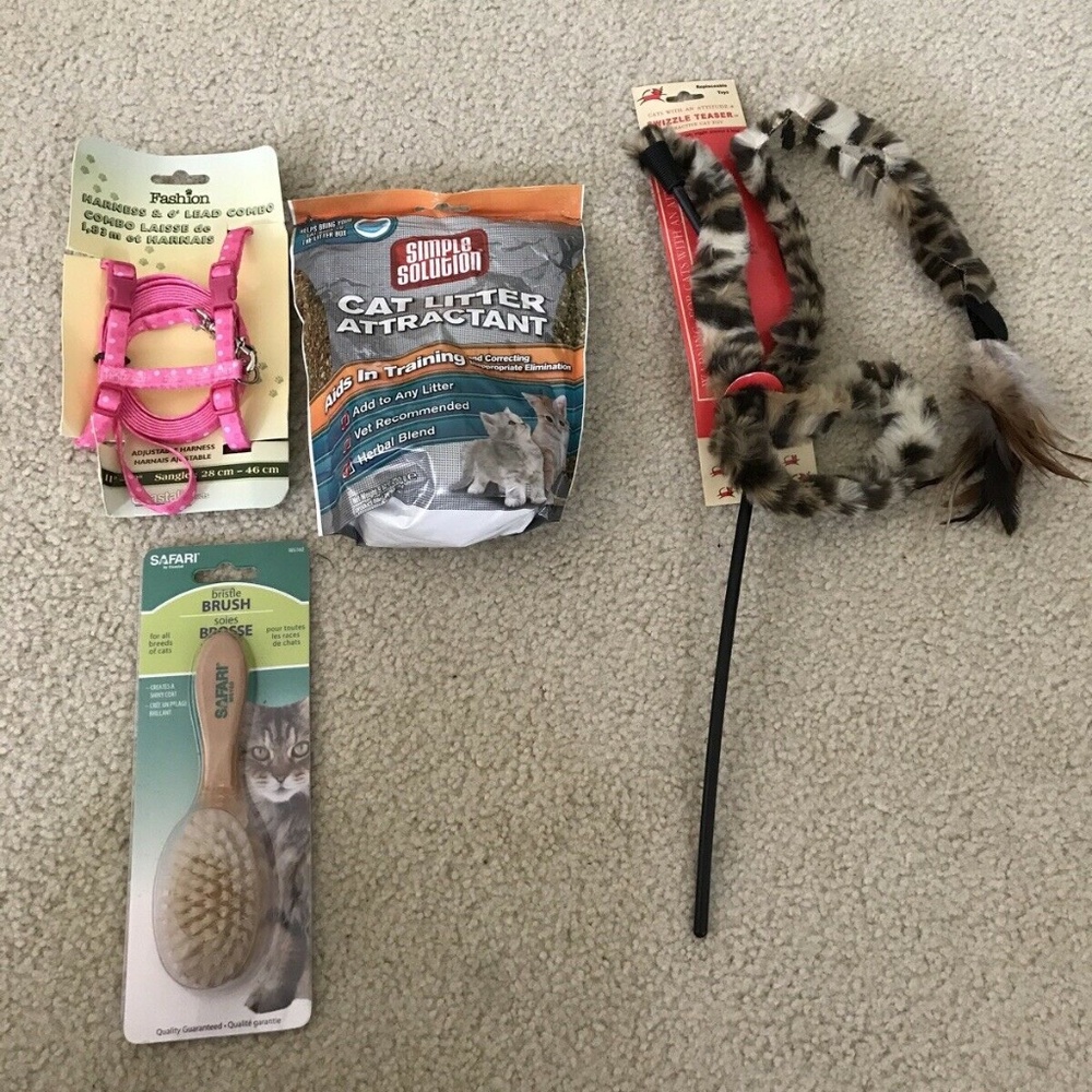 Lot #2 of cat items - brush, harness w/lead, tease